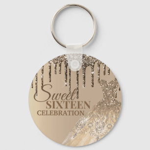 Brown Gold Glitter Girly Spark Drips 16 Birthday Keychain