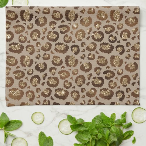 Brown Gold Glitter Leopard Print Kitchen Towel