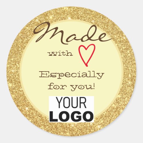Brown Gold Glitter Made with Love Red Heart Logo Classic Round Sticker