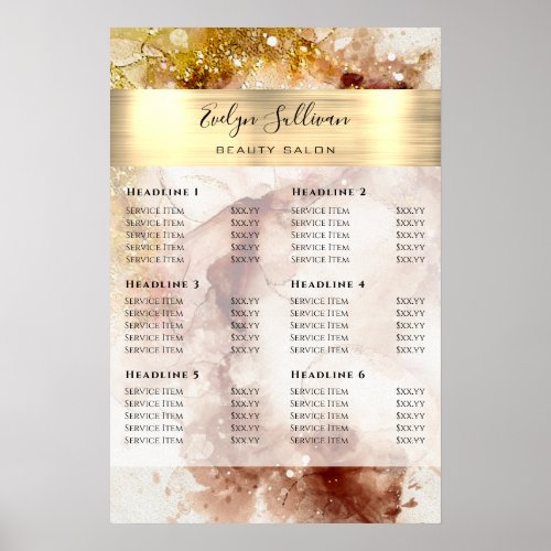Brown gold glitter watercolor price list poster