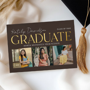 Brown Gold Graduate Photo Collage Grad Party Foil Invitation