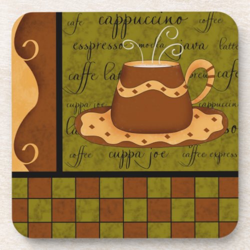 Brown Gold Green Checkerboard Coffee Cup Art Coaster