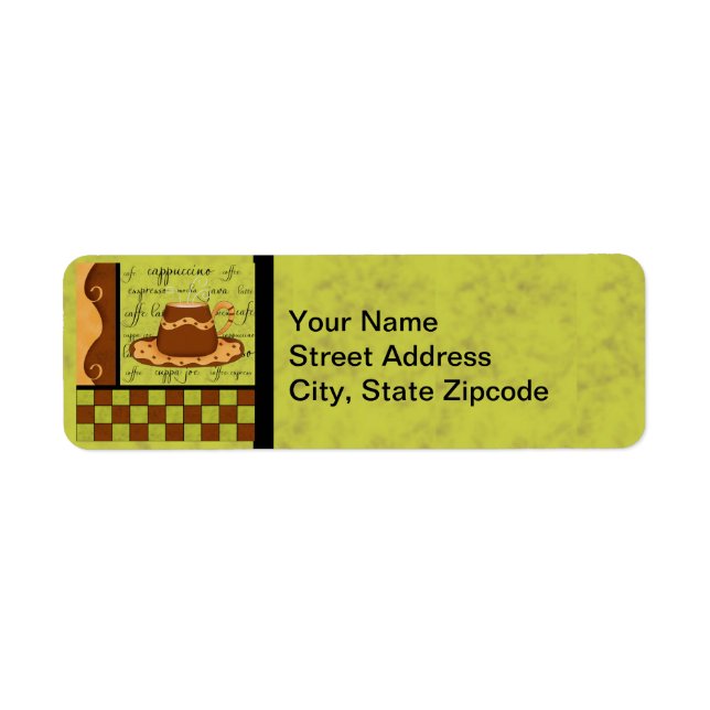 Brown Gold Green Checkerboard Coffee Cup Art Label (Front)