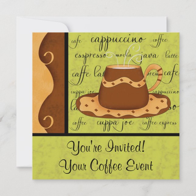 Brown Gold Green Checkerboard Coffee Cup Art Name Invitation (Front)