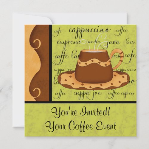 Brown Gold Green Checkerboard Coffee Cup Art Name Invitation