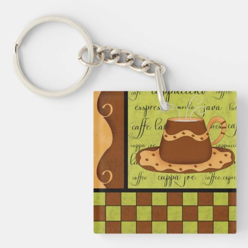 Brown Gold Green Checkerboard Coffee Cup Art Name Keychain