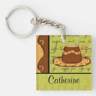Brown Gold Green Checkerboard Coffee Cup Art Name Keychain
