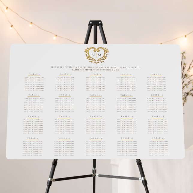Brown gold heart wedding 20 table seating chart foam board (In Situ (Stand))