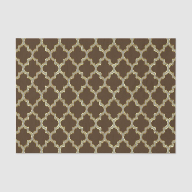 Brown & Gold Ikat Quatrefoil Geometric Pattern Tissue Paper (Front)