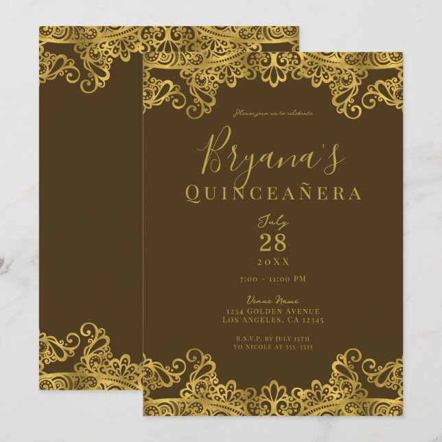Brown & Gold Lace Elegant Quinceañera Party  Invitation (Front/Back)