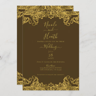 Brown & Gold Lace Elegant Wedding Invitation