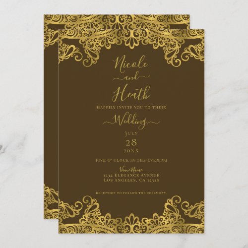 Brown  Gold Lace Elegant Wedding    Invitation