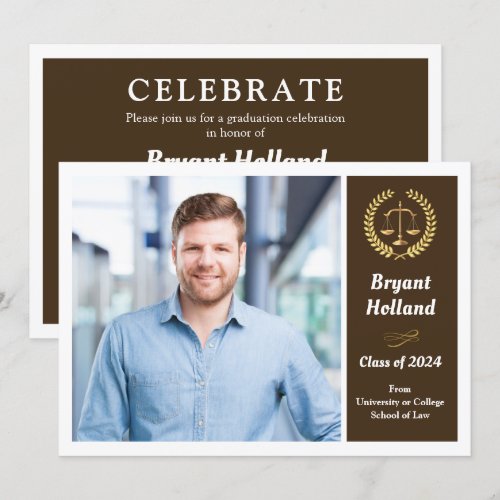 Brown &amp; Gold Law School Photo Graduation Party Card