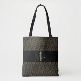 Brown gold Leave leather pattern & monogram Tote Bag