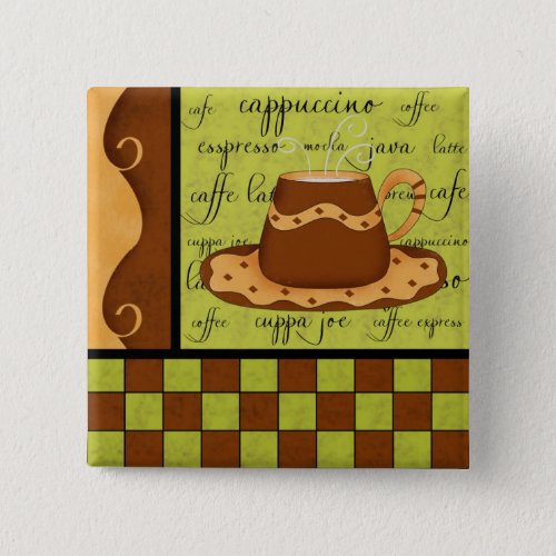 Brown Gold Lime Green Checkerboard Coffee Cup Art Button