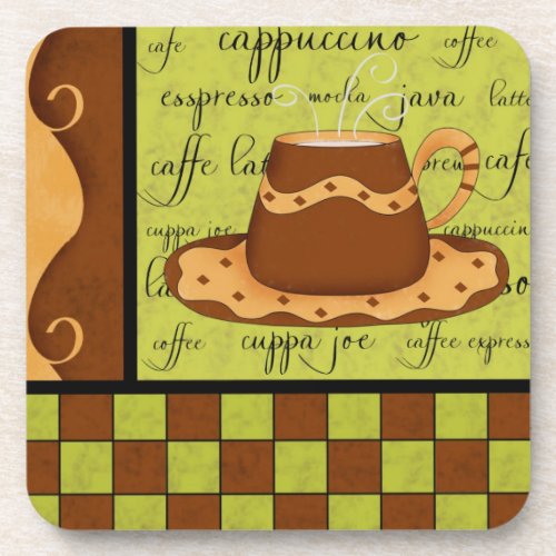 Brown Gold Lime Green Checkerboard Coffee Cup Art Coaster