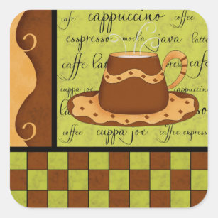 Brown Gold Lime Green Checkerboard Coffee Cup Art Square Sticker