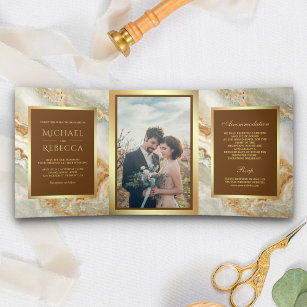 Brown Gold Marble Faux Gold Foil Photo Wedding Tri-Fold Invitation