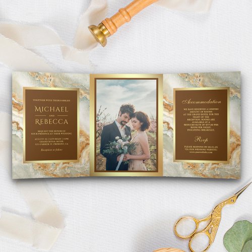 Brown Gold Marble Faux Gold Foil Photo Wedding Tri_Fold Invitation