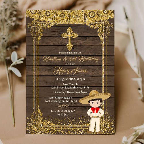 Brown  Gold Mexican Charro baptism  3rd Birthday Invitation