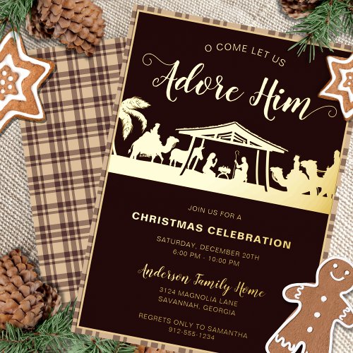 Brown  Gold Nativity Religious Christmas Party Foil Invitation