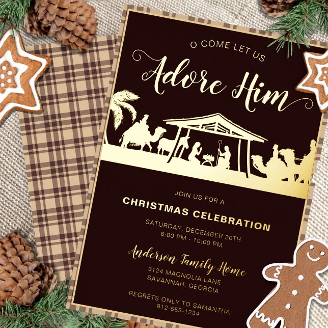 Brown & Gold Nativity Religious Christmas Party Foil Invitation (Real gold foil, religious Christmas party invitation with a rustic calligraphy script and nativity.)