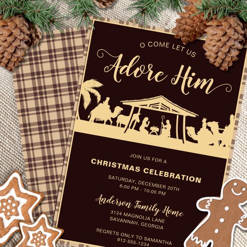 Brown  Gold Nativity Religious Christmas Party Invitation