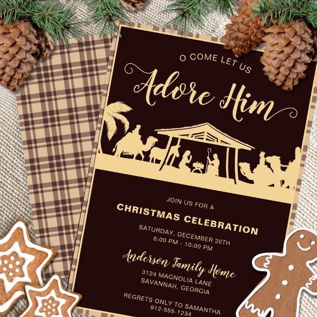 Brown & Gold Nativity Religious Christmas Party Invitation (Religious Christmas party invitation with nativity scene , brown flannel and gold calligraphy script)