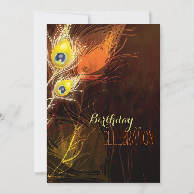 Brown + Gold Peacock Feathers 35th Birthday Party Invitation (Front)