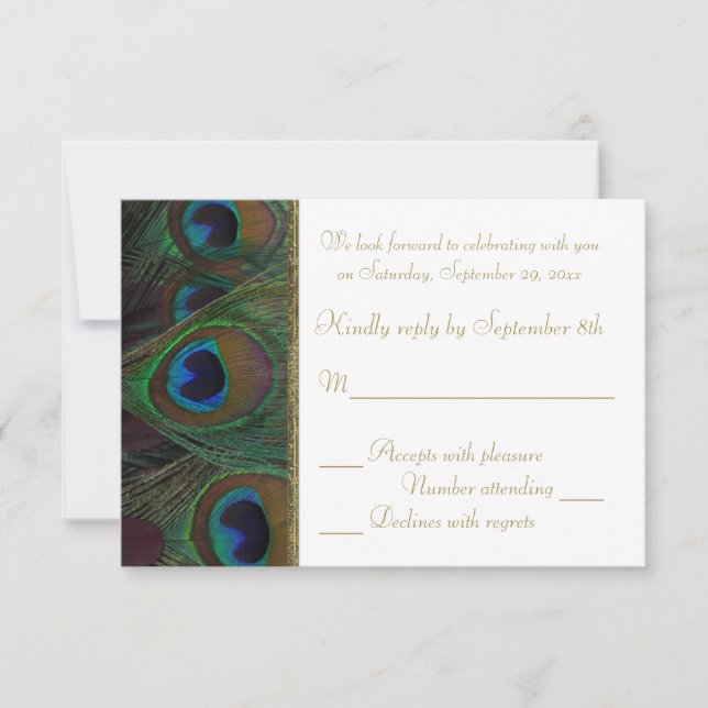 Brown, Gold Peacock Feathers RSVP Card (Front)
