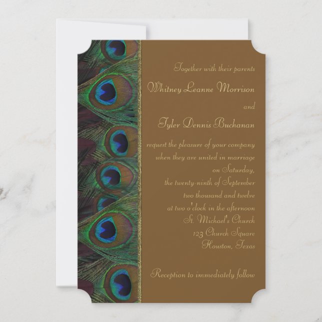 Brown, Gold Peacock Feathers Wedding Invitation (Front)