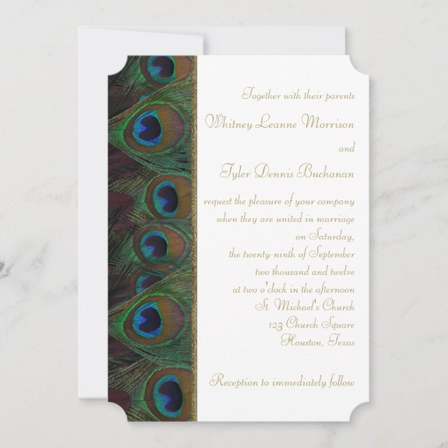 Brown, Gold Peacock Feathers Wedding Invitation (Front)