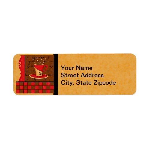 Brown Gold Red Checkerboard Coffee Cup Art Label