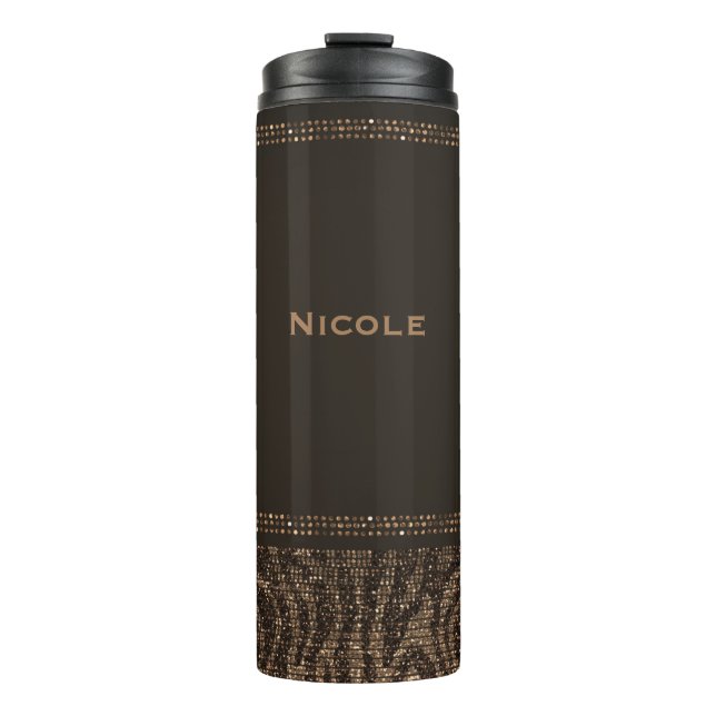 Brown & Gold Sparkle Zebra Print Glamorous Chic Thermal Tumbler (Front)