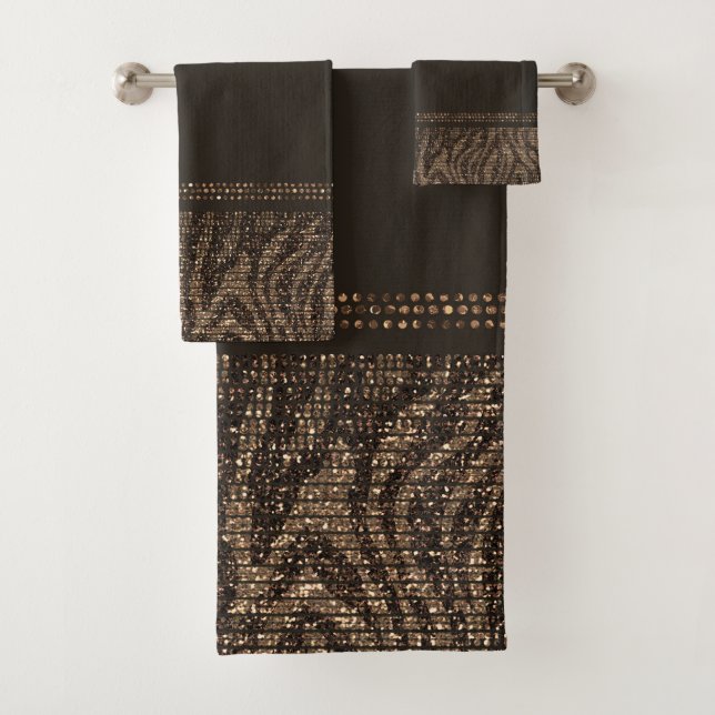 Brown & Gold Zebra Wild Animal Print Exotic Glam Bath Towel Set (Insitu)