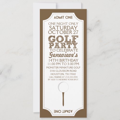 Brown Golf Ticket Golf Birthday Party Invitation