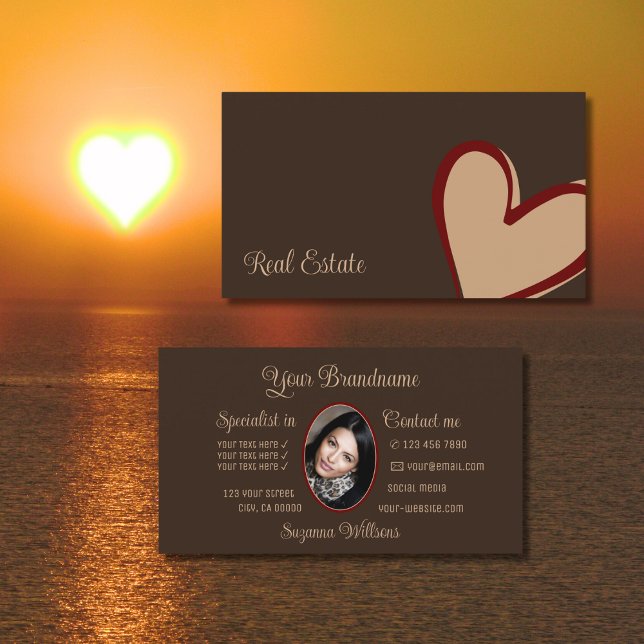 Brown Gorgeous Red Beige Heart Modern with Photo Business Card (Creator Uploaded)