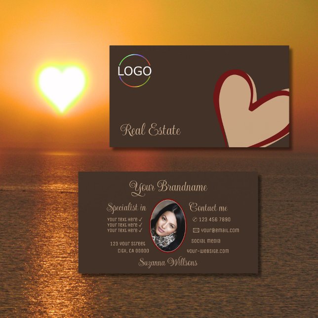 Brown Gorgeous Red Beige Heart with Logo and Photo Business Card (Creator Uploaded)