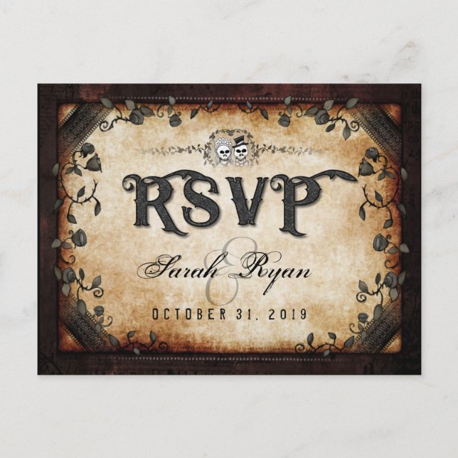 Brown Gothic Halloween Skeletons Matching RSVP Invitation Postcard (Front)