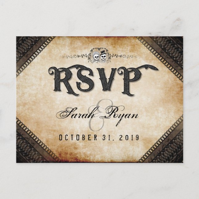 Brown Gothic Halloween Skeletons Matching RSVP Invitation Postcard (Front)