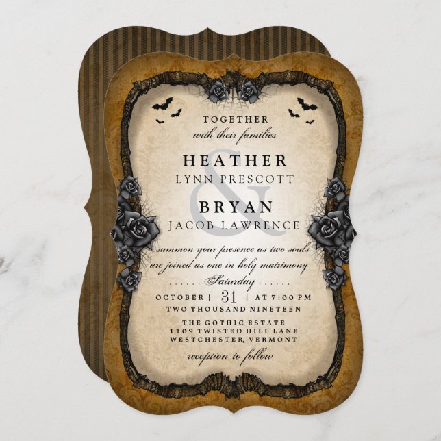 Brown Gothic Roses & Bats Halloween Wedding Invite (Front/Back)