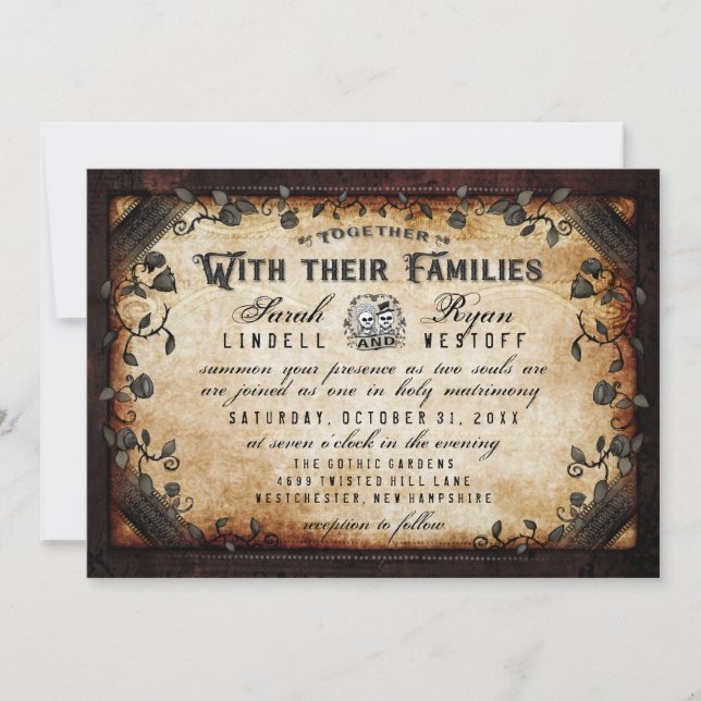 Brown Gothic Skeletons Wedding "Together With" Invitation (Front)
