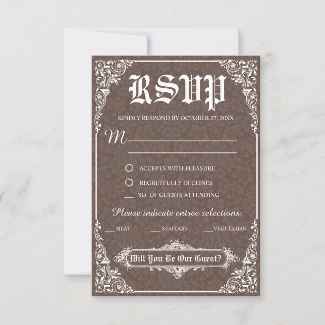 Brown Gothic Victoria Wedding Response Card (Front)