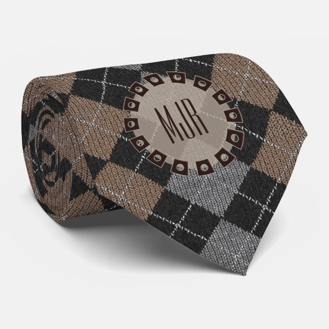 Brown Gray and Black Argyle Pattern Monogrammed Neck Tie (Rolled)