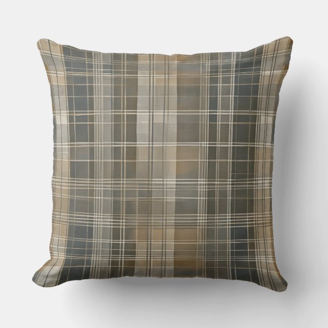 Brown Gray Beige Modern Farmhouse Plaid Throw Pillow (Front)