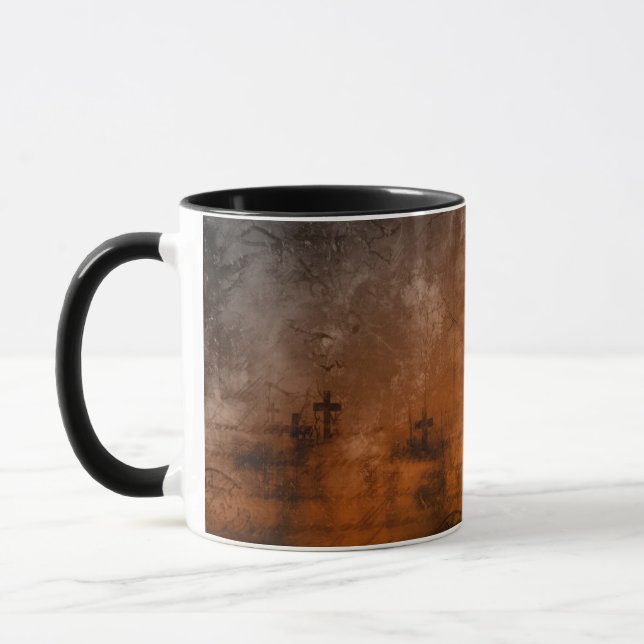 Brown Gray & Black Cemetery Pattern Halloween Mug (Left)