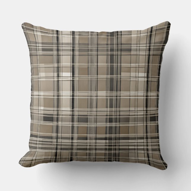 Brown Gray Black Modern Farmhouse Plaid Throw Pillow (Front)