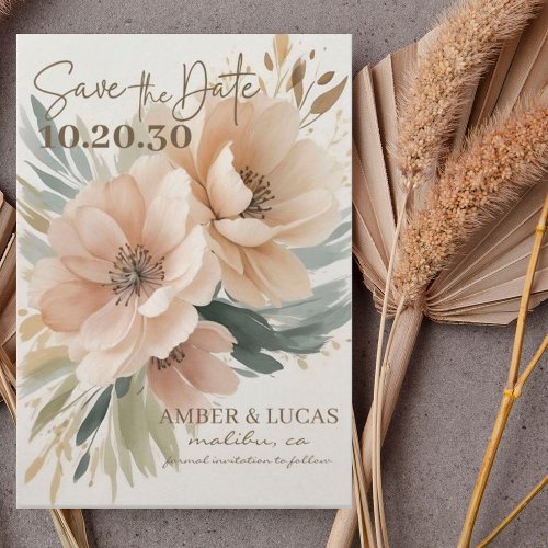 Brown Gray Boho Floral Leave Wedding Save the Date Invitation