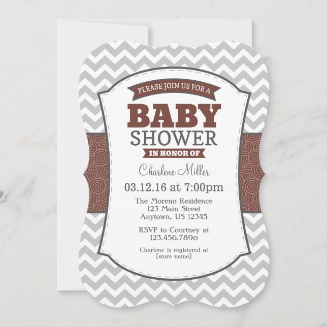 Brown Gray Chevron Baby Shower Invitation (Front)