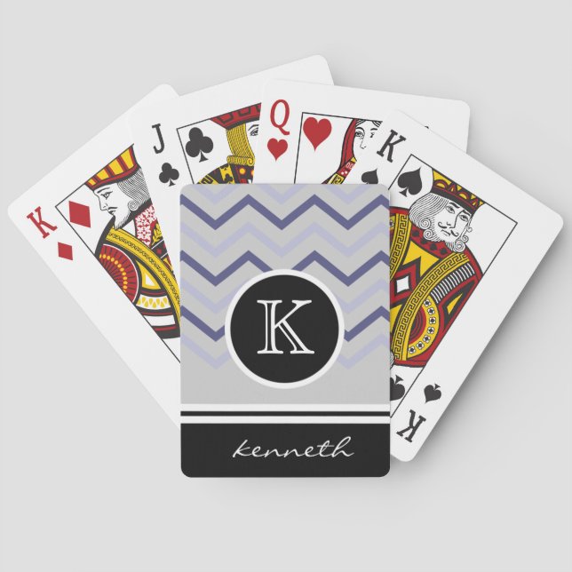 Brown Gray Chevron Black Monogram Name Custom Poker Cards (Back)